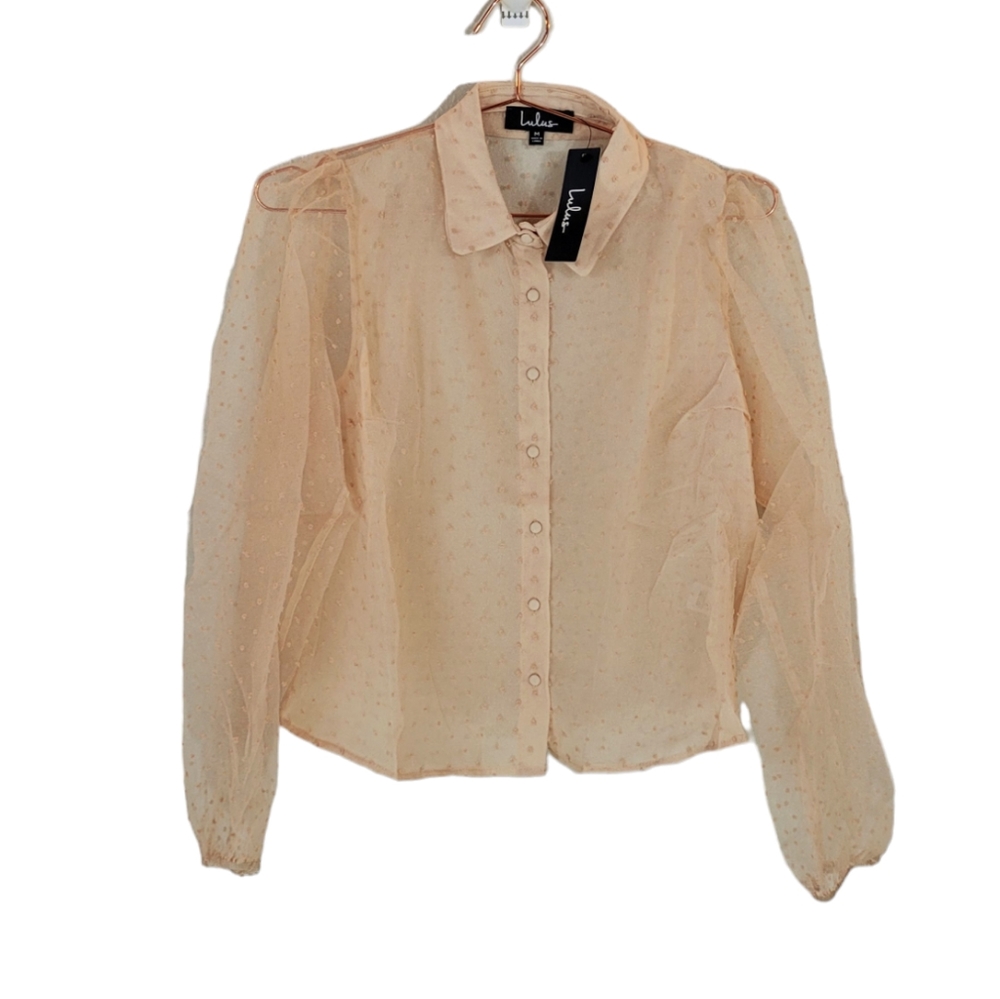 LULU'S Beige Long Sleeve Swiss Dot Sheer Button Front Shirt Size M